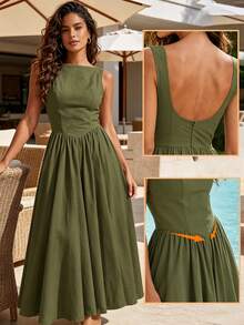 MODA MO, REF: H978 Women's Dress, Long Dress, Sleeveless, Round Neckline, High Waist, Open Back, Dress With Zipper, Slim Fit, A-Line Dress, Elegant, Modern, Lightweight, Comfortable, Versatile, Refined Look, Casual Chic Dress, Dress For Events, Sophisticated Look, Summer Dress, Quality Finish, Feminine Style. - 軍綠色 - 查看 1