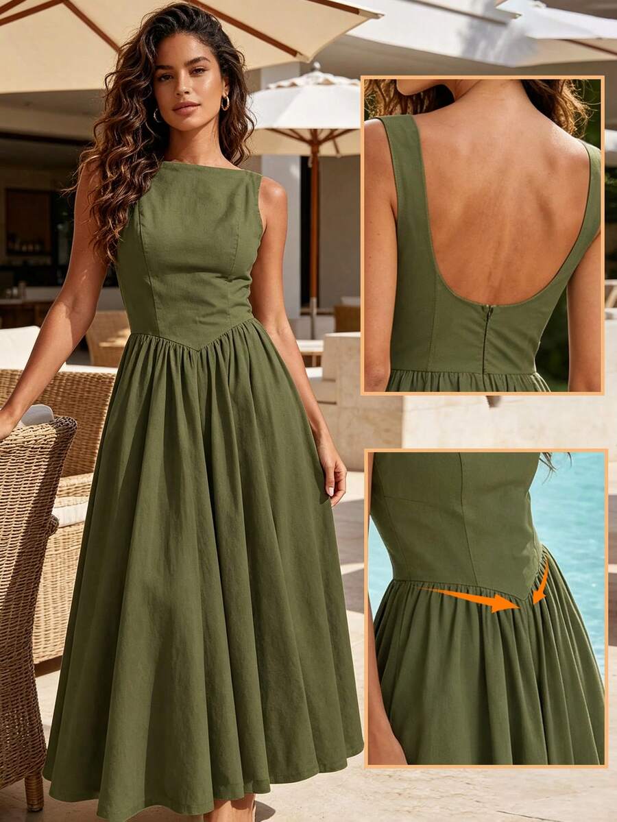 MODA MO, REF: H978 Women's Dress, Long Dress, Sleeveless, Round Neckline, High Waist, Open Back, Dress With Zipper, Slim Fit, A-Line Dress, Elegant, Modern, Lightweight, Comfortable, Versatile, Refined Look, Casual Chic Dress, Dress For Events, Sophisticated Look, Summer Dress, Quality Finish, Feminine Style. - 軍綠色 - 查看 1