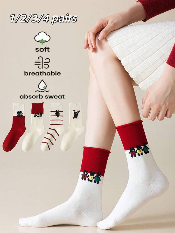 1/2/3/4 Paar Damen süße Baumwoll Bären Mittellange Socken .Rote gestreifte Baumwollmischung lange Socken, weich atmungsaktiv für den täglichen Gebrauch, Schule und Freizeitoutfits