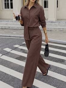 Women's New Striped Casual Button-Up Two Pieces Set, Suitable For Office And Daily Wear, Spring/Summer/Autumn Elegant - Caramel Brown - View 1