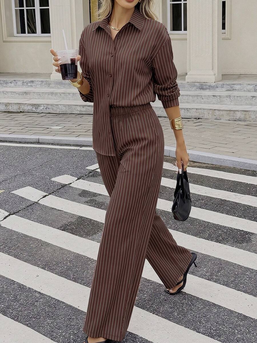 Women's New Striped Casual Button-Up Two Pieces Set, Suitable For Office And Daily Wear, Spring/Summer/Autumn Elegant - Caramel Brown - View 1