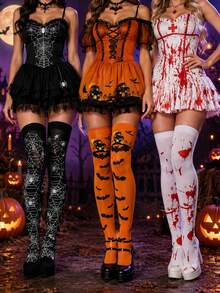 3 Pairs Women's Halloween Mixed Color Over-The-Knee Socks, Thigh-High Socks, Holiday Socks, Set Includes Spider Web, Bat, Bloodstain Patterns - Multicolor - View 1
