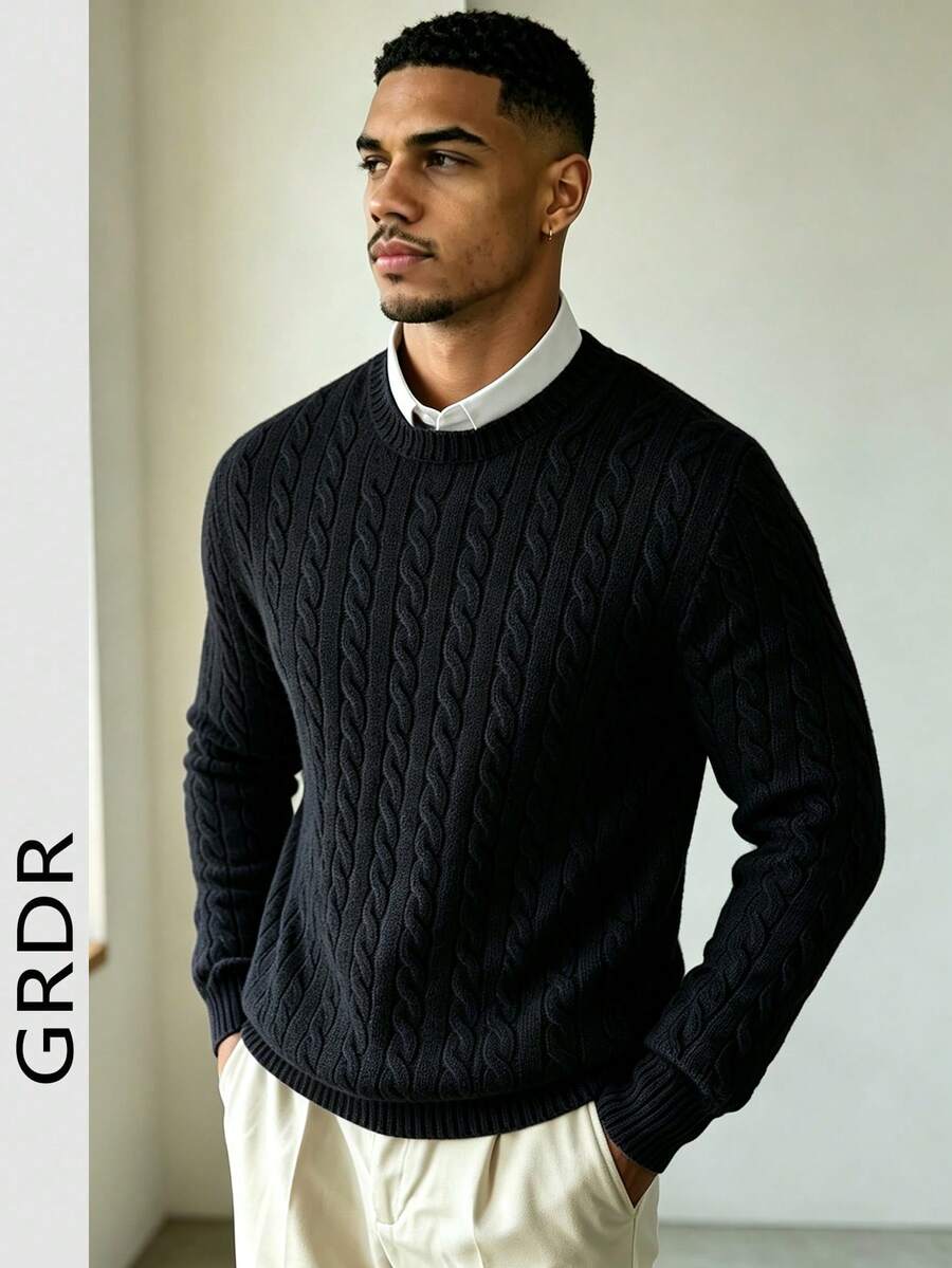 GRDR Men's Twisted Floral Pattern Crew Neck Long Sleeve Sweater - Black - View 1