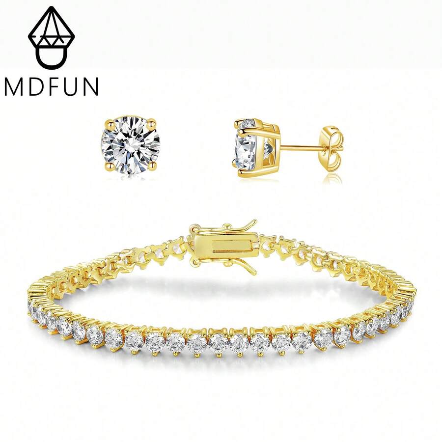 MDFUN 18K Gold Plated Jewelry Set 3mm Tennis Bracelet 6mm Round Stud ...