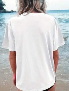 Graphic Print Drop Shoulder-Shirt, Short Sleeve Crew Neck Casual Top Spring And Summer, Women'S Clothing - White - View 4