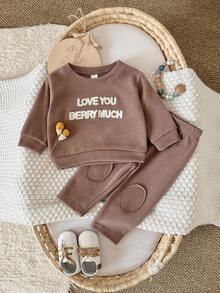 2Pcs/Set Infant Letter Embroidery Crew Neck Long Sleeve Sweatshirt & Knee Pad Leggings Set, Baby Versatile Casual Outfit - Apricot - View 13