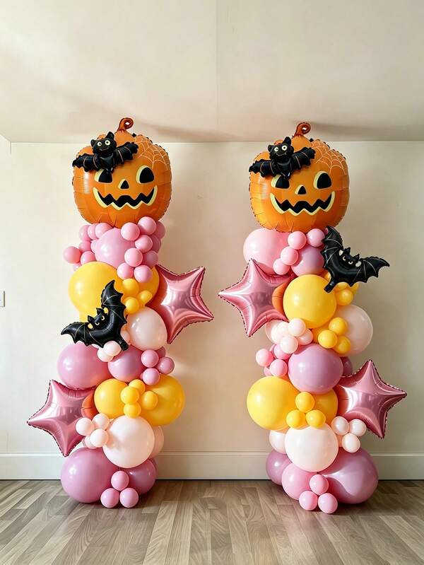 49pcs Halloween Pumpkin & Bat Balloon Column Set, Includes Pumpkin, Bat, Mini Bat, Star Foil Balloons, Matte Yellow, Deep Pink, Macaron Pink Latex Balloons, Suitable For Halloween Theme, Pink Birthday Party, Indoor/Outdoor Decoration