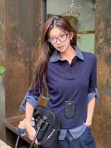 New Women's Spring/Autumn 2 In 1 Polo Collar Colorblock Long Sleeve T-Shirt, Versatile Preppy Style Slim Fit Knit Top - Royal Blue - View 3