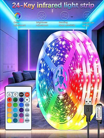 1PC RGB LED Strip Light, Room Lighting, Decorative Lighting, Color Changing String Lights, Cuttable Length, 24-Key Remote Control, Dimmable, Suitable For Room Decor, Home Decor, Wedding Decor, Party Supplies, Bedroom, Kitchen, Party DIY, Room, Bathroom, Stairs, Kitchen, TV Backlight, Birthday, Easter Gift, Easy To Install, Holiday Party Supplies, (3.28FT/1M Size Is Shorter, Please Choose According To Your Actual Needs When Purchasing, The Built-In Adhesive Cannot Be Attached To Rough Walls, Please Be Careful When Pasting)