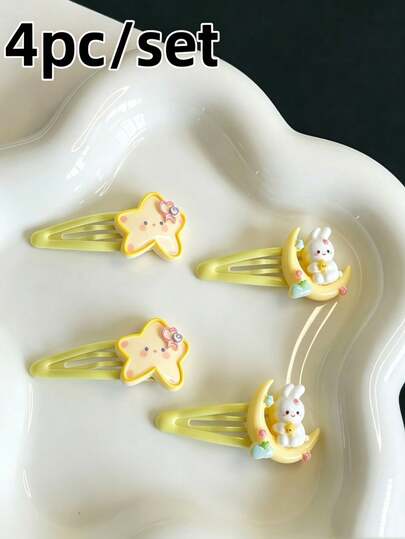 4pcs Cute Star Moon Rabbit Hair Clips, Bangs Hair Clips, Cartoon Star Hair Accessories