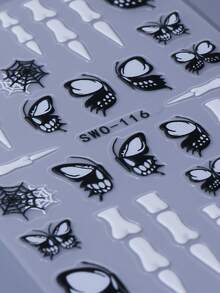 2 Sheets 5D Gothic Skull Butterfly Halloween Nail Stickers 5D Embossed Black White Skull Print Butterflies Skeleton Bone Spider Web Design Self-Adhesive Nail Decals Halloween Party & Daily Nail DIY Decoration - Multicolor - View 5