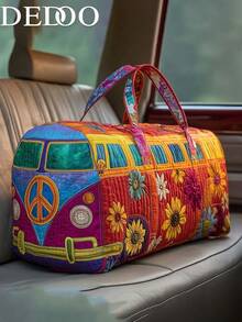 Dedoo Vintage Hippie Van Print Travel Luggage Bag, Peace Sign & Floral Weekend Tote, Women's Casual Bohemian Style Vacation Storage Bag - Multicolor - View 6