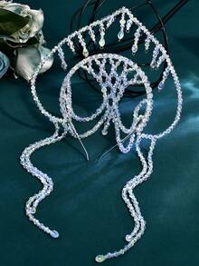 1pc Luxury Black Crystal Bridal Crown Headband With Crystal Tassel Forehead Decor, Suitable For Wedding Party - Black - View 8