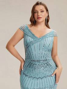 EVERPRETTY Summer Early Autumn Plus Size Women's Luxury Glamorous Long Formal Gown, Heavy Sequin Mesh Embroidery Details, Off-Shoulder Short Sleeve, Elegant Vintage Party Long Dress Suitable For Evening Party Wedding - Baby Blue - View 1