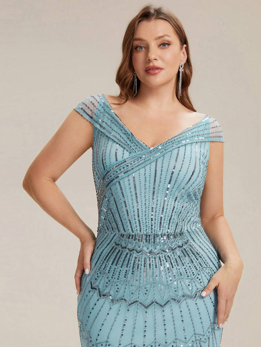 EVERPRETTY Summer Early Autumn Plus Size Women's Luxury Glamorous Long Formal Gown, Heavy Sequin Mesh Embroidery Details, Off-Shoulder Short Sleeve, Elegant Vintage Party Long Dress Suitable For Evening Party Wedding - Baby Blue - View 1