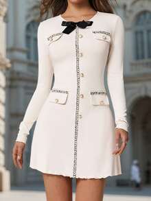 Women's Fall Winter Cream Round Neck Long Sleeve Mini Dress, Tweed Trim Bow Pearl Button Elegant Style For Office Dating Wedding Guest Wear - White - View 3