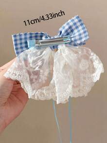 2pcs Girls Blue Fabric Double Layer Lace Plaid Rhinestone Pearl Bow Ribbon Hair Clips Hair Accessories Head Clips Back Clips Side Clips Alligator Hair Clips For Daily Use - Blue - View 6