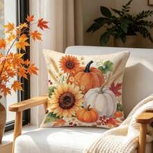 1pc Autumn Watercolor Pumpkin Sunflower Maple Leaf Pattern Cushion Cover, Single-Sided Printed Skin-Friendly Peach Skin Velvet Material, 45*45CM Pillowcase Suitable For Home Indoor Room Living Room Decoration Party Decoration, Holiday Decoration Cushion Cover Gift, No Pillow Insert - Multicolor - View 1