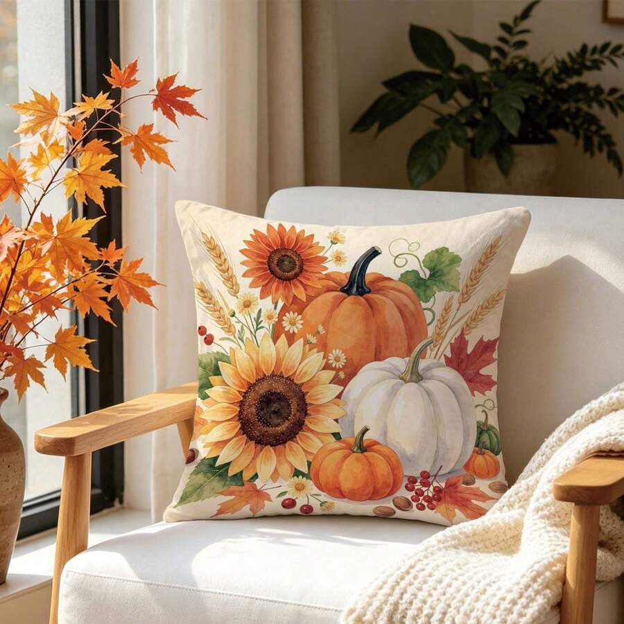 1pc Autumn Watercolor Pumpkin Sunflower Maple Leaf Pattern Cushion Cover, Single-Sided Printed Skin-Friendly Peach Skin Velvet Material, 45*45CM Pillowcase Suitable For Home Indoor Room Living Room Decoration Party Decoration, Holiday Decoration Cushion Cover Gift, No Pillow Insert - Multicolor - View 1