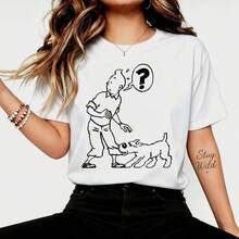 T-shirt avec motif de la bande dessinée classique européenne de Tintin pour les fans, graphique de Tintin et du chien des neiges avec un point d'interrogation, style bande dessinée vintage de Bel - Blanc - Voir 6