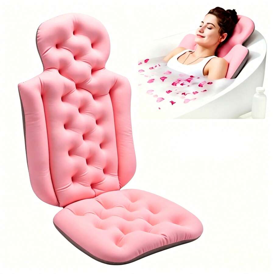 1pc Pink One-Piece Luxury Bathtub Cushion Pillow, Ergonomic Bath Headrest Provides Neck & Back Support, Skin-Friendly Swimsuit Material, Built With 5D Air Mesh And 160 Anti-Slip Suction Cups - Pink - View 1