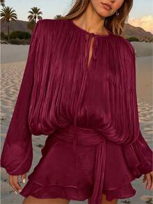 繫帶荷葉領雙層燈籠袖襯衫洋裝，請穿著膚色內衣，適合度假、婚禮派對 - 酒紅色 - 查看 1