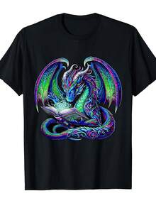 Unisex 180-Gram T-Shirt With A Glow-In-The-Dark Dragon Design - Iridescent Neon, Suitable For Book Lovers And As A Gift For Men. - 黑色 - 查看 1