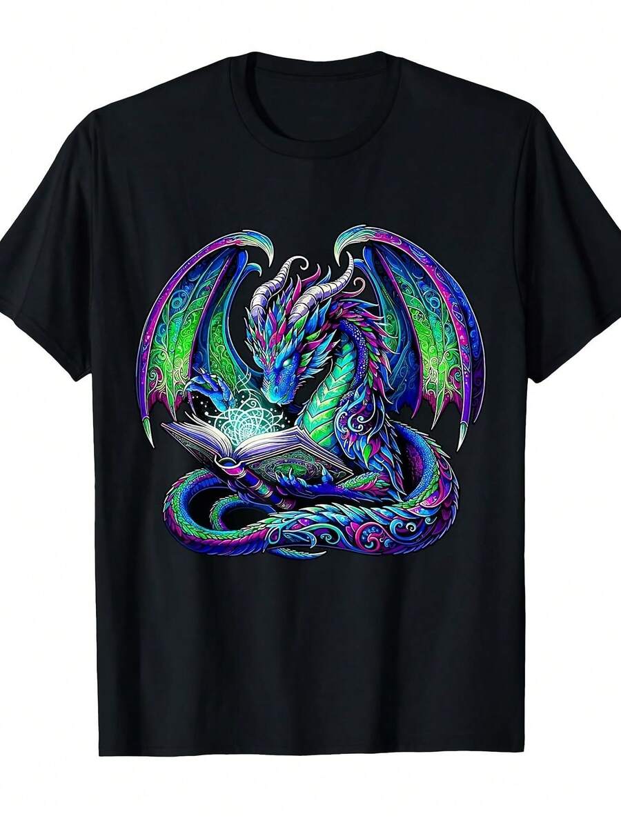 Unisex 180-Gram T-Shirt With A Glow-In-The-Dark Dragon Design - Iridescent Neon, Suitable For Book Lovers And As A Gift For Men. - 黑色 - 查看 1