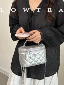 Low Tea 1pc Solid Color PU Fabric Handbag, Women's Fashion Mini Box-Shaped Top Handle Design, Zipper Closure, Vegan Leather Purse, Clean Girl - Silver - View 7