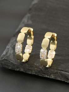 rundraw 1 Pair Luxury Copper Zirconia Geometric Round Hoop Earrings, Fashionable Party & Date Gift For Women - Gold - View 1