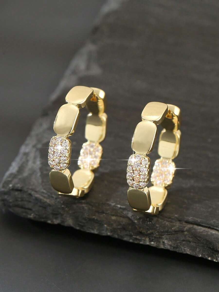 rundraw 1 Pair Luxury Copper Zirconia Geometric Round Hoop Earrings, Fashionable Party & Date Gift For Women - Gold - View 1