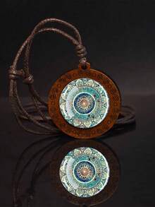 1PC Vintage Mandala Pattern Round Glass Wood Pendant Necklace - Brown - View 10
