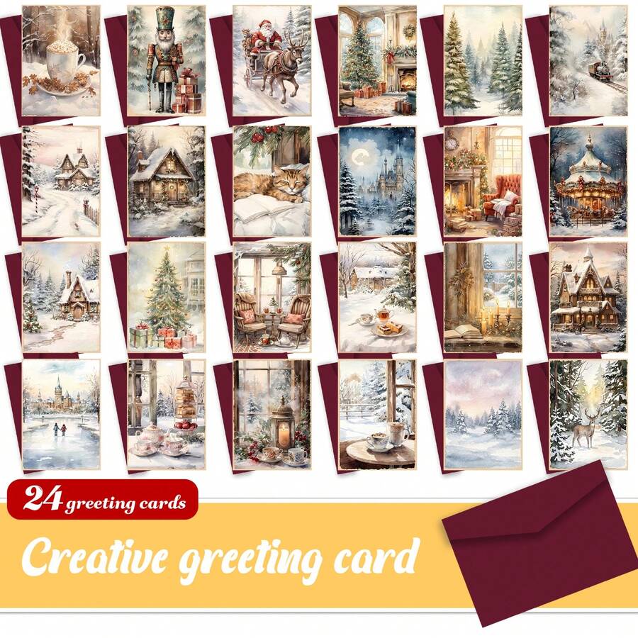 Vintage Christmas Card Set With Envelopes, 24 Pieces - Suitable For Holidays, Birthdays And Thank You Cards - Easy Storage Design, Back To School, Thanksgiving - Sets - View 1