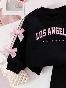 Baby Girl Letter Pattern Ribbon Bow Decor Round Neck Long Sleeve Top And Pants - Black - View 3