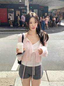 Atasan Cardigan Wanita Model Syal Berkerah V dengan Tali Renda di Depan untuk Awal Musim Gugur, Gaya Lembut Prancis, Warna Pink - Berwarna merah muda - View 6