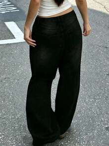 Teen Girls' Fashionable Loose Fit Pocket Flare Leg Jeans - Black - View 2