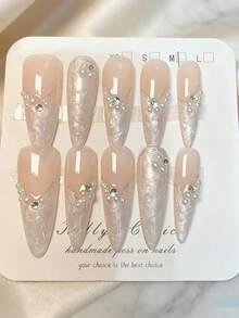 Juego de 10 uñas postizas largas y puntiagudas hechas a mano, uñas falsas blancas, uñas elegantes y suaves para usar, perla 3D pintada a mano con nácar, incrustación de perlas hecha a mano, adecuadas para uso diario de niñas, oficina, escuela, citas, fiestas, bailes, regalo del Día de San Valentín - Blanco - Ver 1