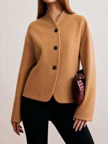 Women's Solid Color Double-Faced Wool Baseball Jacket, Elegant Lightweight Basic Casual Style Fall - Mocha Brown - View 3