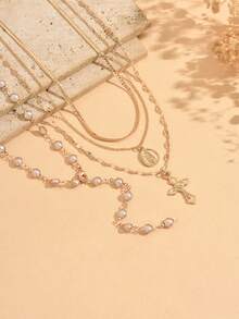 4pcs/Set Fashionable Design Faux Pearl Handmade Y-Shaped Long Necklace Elegant Virgin Mary Exquisite Gold Cross Pendant Women's Neck Jewelry Necklace Suitable For Daily Wear Chain Length Cut By Sections Not Fixed - Multicolor - View 3