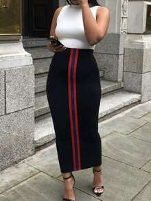 Plus Size Women's Bodycon Pencil Skirt, Elastic Contrast Color Decor Slim Fit, Commuter Office Wear, Slimming Skirt, Spring Autumn Summer Daily Black - Black - View 1