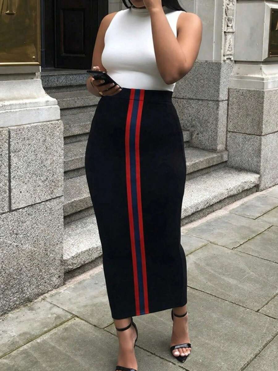 Plus Size Women's Bodycon Pencil Skirt, Elastic Contrast Color Decor Slim Fit, Commuter Office Wear, Slimming Skirt, Spring Autumn Summer Daily Black - Black - View 1