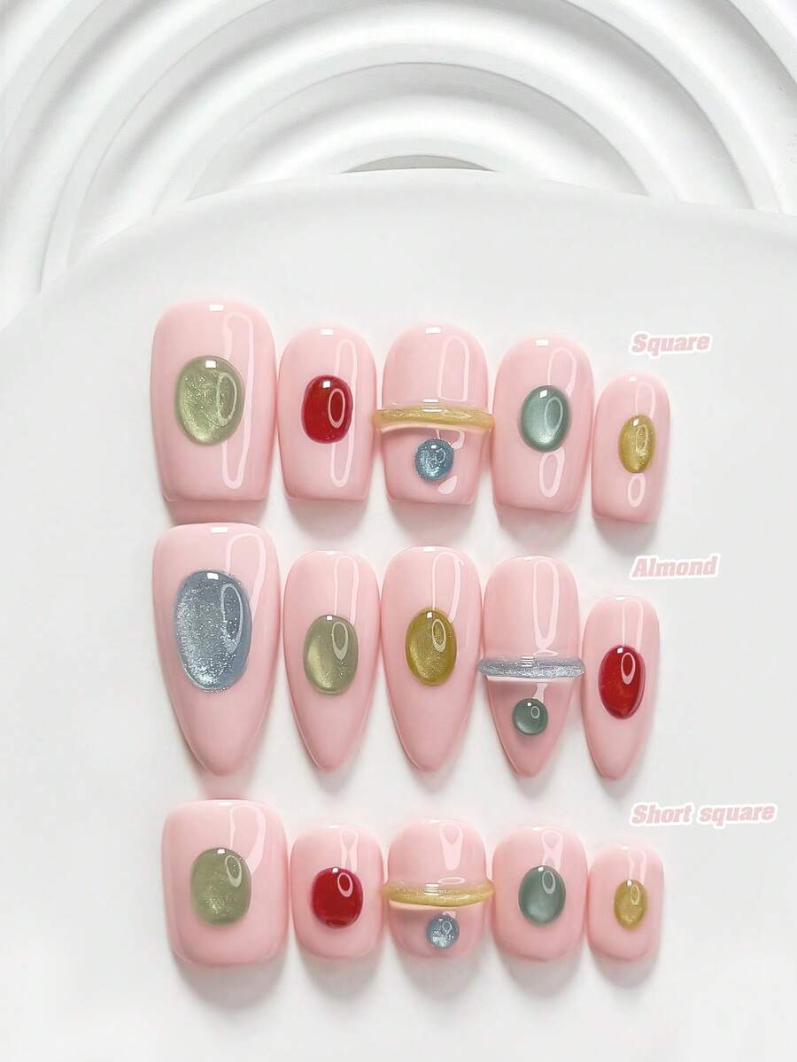 10片裝休閒風手工穿戴甲，Polygel美甲套組，色塊貓眼設計，藍色、綠色、黃色、紅色指甲油，夏季風格，附美甲工具，3種尺寸可選，方型、短方型、杏仁型，適合派對、舞蹈、日常配戴 - 彩色 - 查看 1