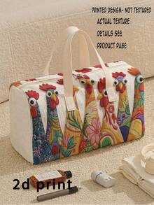 1pc Corduroy Luggage Bag, Chick Pattern Printed Large Capacity Beach Bag, Crossbody Bag, Handbag, Travel Bag, Gym Bag, Portable, Lightweight, Fashionable, Home Use, Lightweight Beige Large Capacity Tote Bag, Ideal Gift For Boys And Girls Teenagers - Multicolor - View 2
