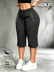 Hidkat Women's Summer Casual Sports Capri Pants With Zipper Pockets, Elastic Drawstring, Outdoor Leisure - Black - View 3