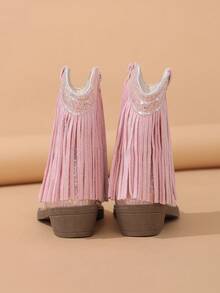 NILOSH Girls' Shiny Pink Tassel Embroidered Western Boots, Side Zipper, Round Toe Low Chunky Heel - Pink - View 4