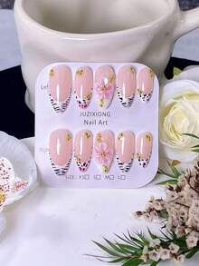 10pcs Handmade Almond Press-On Nails, White Leopard Stripe Design With Pink Pearl Gradient Floral Carving & Gold Bead Charm Accents. Luxury Chic False Nails With Elegant Glam Style. Perfect For Daily Wear, Dates, Concerts, Business Looks & Premium Gi - Multicolor - View 2