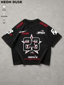 1pc Men's Chicago 23 Graphic T-Shirt Y2K Motorcycle Racing Style Breathable Soft Pure Cotton Black Short Sleeve Suitable For Streetwear And Daily Wear - Black - View 2