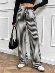 Women's Casual Versatile Striped Drawstring Waist Pocket Long Pants - Black and White - View 2