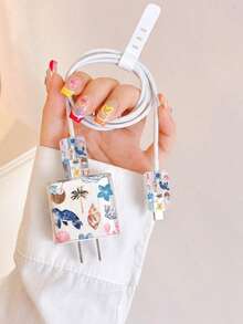 Ocean Series Turtle & Coconut Tree Design Heart-Shaped Cable Protector Compatible With Apple 20W Charger, Protector, Cable Organizer, Anti-Breakage - Multicolor - View 6