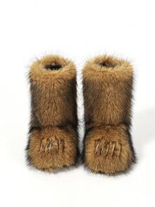 Women's Faux Fur Boots Fuzzy Fluffy Furry Short Snow Boot Funny Claws Toe Mid-Calf Flat Shoes Y2K Warm Comfortable Footwear Outdoor Winter Comfy Brown - Brown - View 6